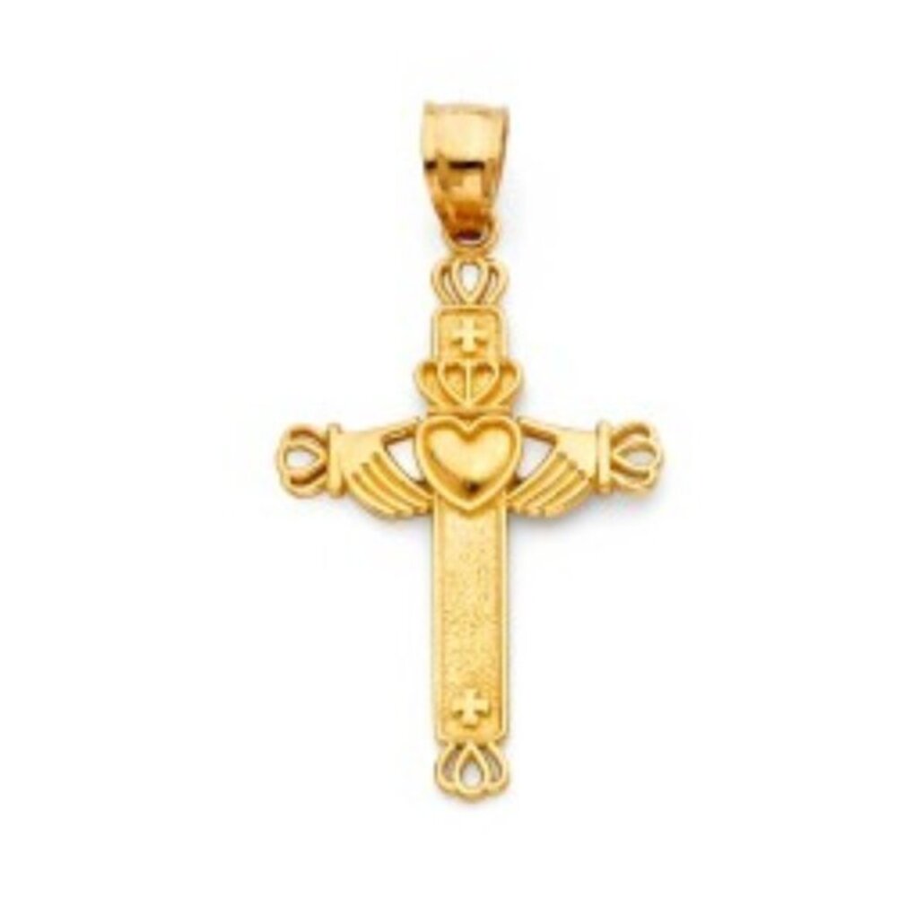 14K Yellow Gold Claddagh Cross Religious Pendant